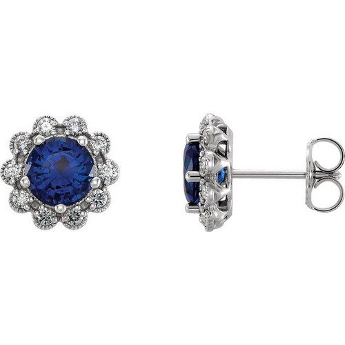 14 Karat White Gold Blue Sapphire & 0.33 Carat Diamond Earrings.