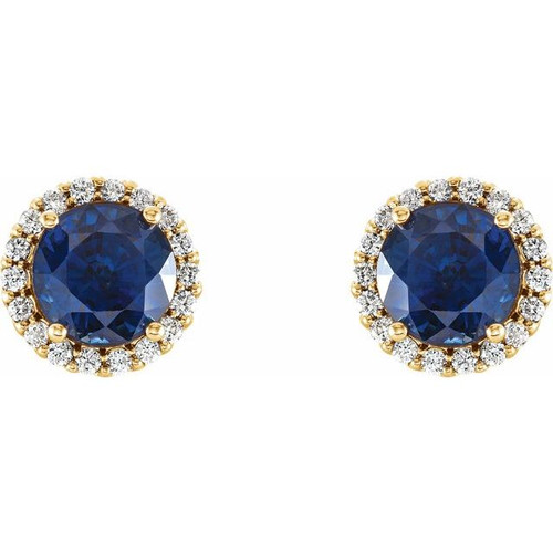 Created Blue Sapphire Earrings in 14 Karat Yellow Gold Created Blue Sapphire & 0.13 Carat Diamond Earrings