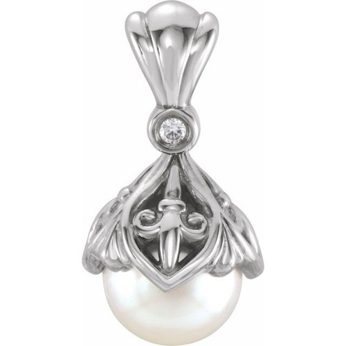 Sterling Silver 7mm Freshwater Pearl & .02 Carat Diamond Fleur-de-lis Pendant