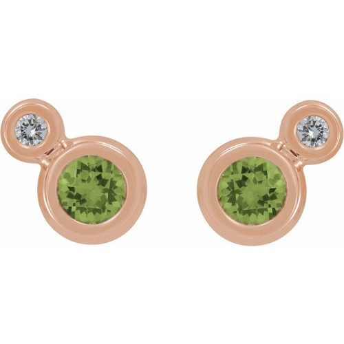 Genuine Peridot Earrings in 14 Karat Rose Gold Peridot & 1/8 Carat Diamond Earrings