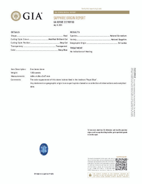 Unheated Blue Sapphire - 1.02 carat - Oval Cut - GIA Report - 6.84 x 4.86 x 3.47mm