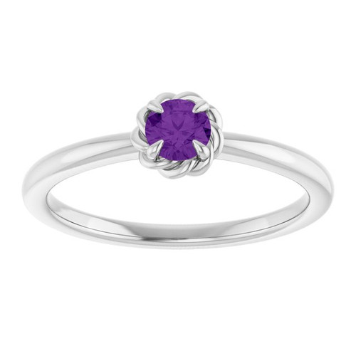 14K White Natural Amethyst Solitaire Rope Ring