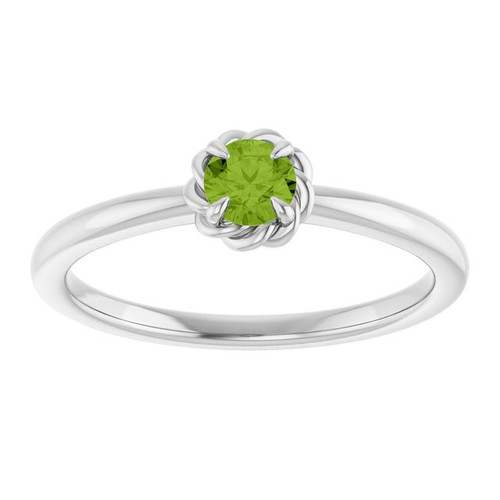 14K White Natural Peridot Solitaire Rope Ring
