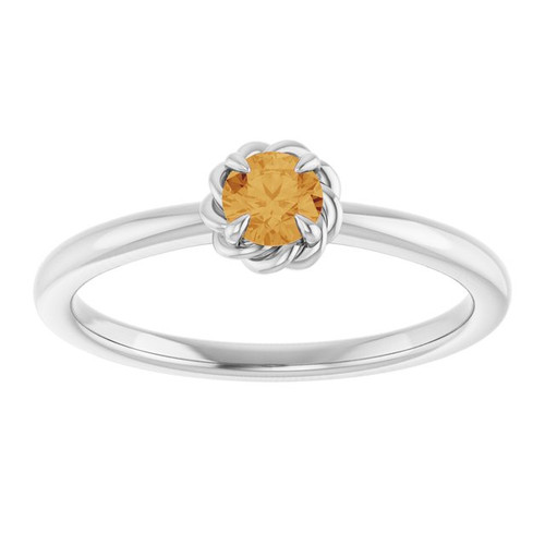 14K White Natural Citrine Solitaire Rope Ring