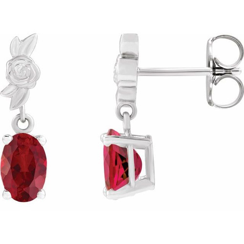 14K White 8x6 mm Lab-Grown Red Ruby Earrings