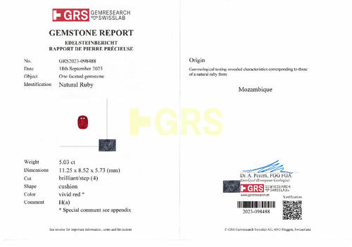 Top Gem Ruby - Cushion Cut - 5.03 carats - 11.25 x 8.52 x 5.73mm - GRS Certified