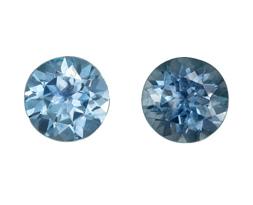 1.23 Carat Pair of Teal Blue Green Sapphire Stones, Round Shape, 4.9 mm