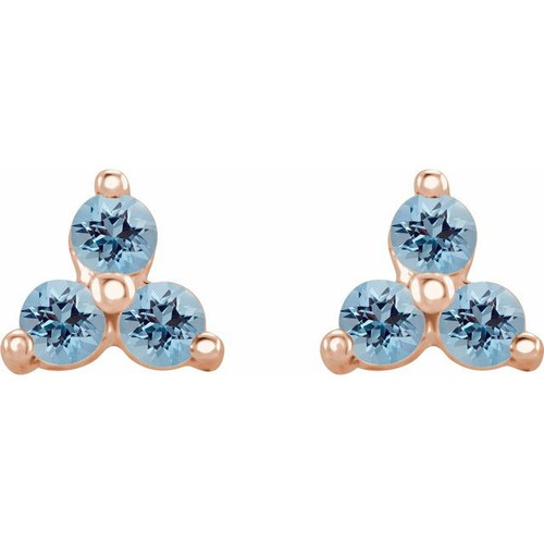 14 Karat Rose Gold 3 Stone Earrings set with Genuine Aquamarine Gems