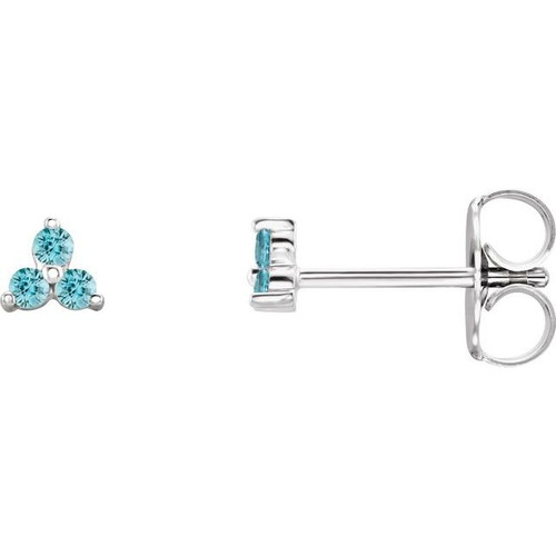 14K White Natural Blue Zircon Three Stone Earrings
