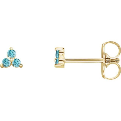 14K Yellow Natural Blue Zircon Three Stone Earrings