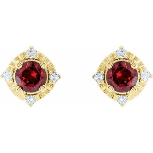 14K Yellow Natural Mozambique Garnet & .08 CTW Natural Diamond Halo-Style Earrings