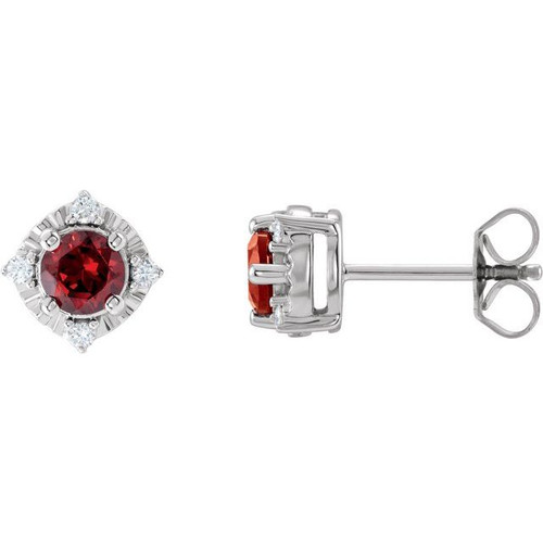 14K White Natural Mozambique Garnet & .08 CTW Natural Diamond Halo-Style Earrings