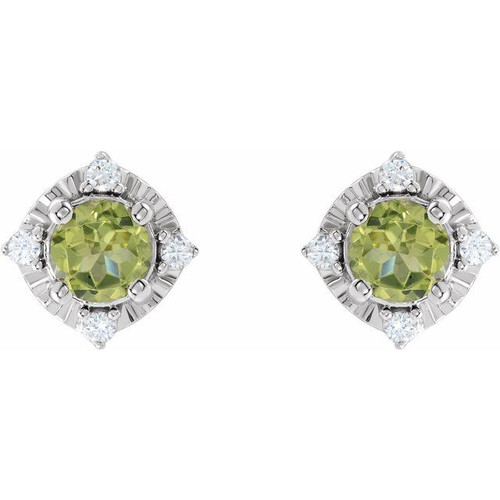 14K White Natural Peridot & .08 CTW Natural Diamond Halo-Style Earrings