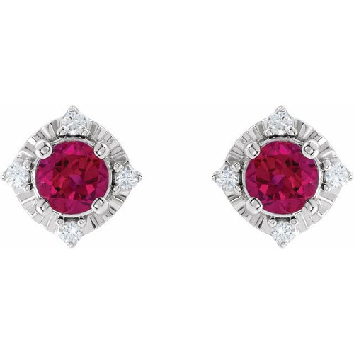 Sterling Silver Lab-Grown Ruby & .08 CTW Natural Diamond Halo-Style Earrings