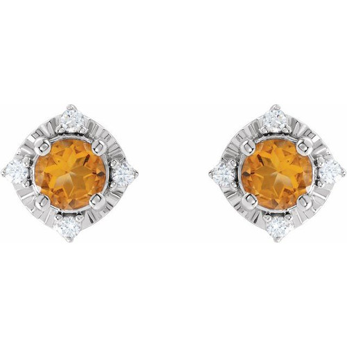 Sterling Silver Natural Citrine & .08 CTW Natural Diamond Halo-Style Earrings