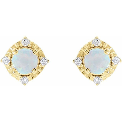 14K Yellow Lab-Grown White Opal & .08 CTW Natural Diamond Halo-Style Earrings