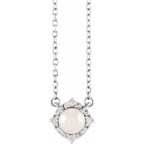 Sterling Silver Cultured White Freshwater Pearl & .04 CTW Natural Diamond Halo-Style 18" Necklace
