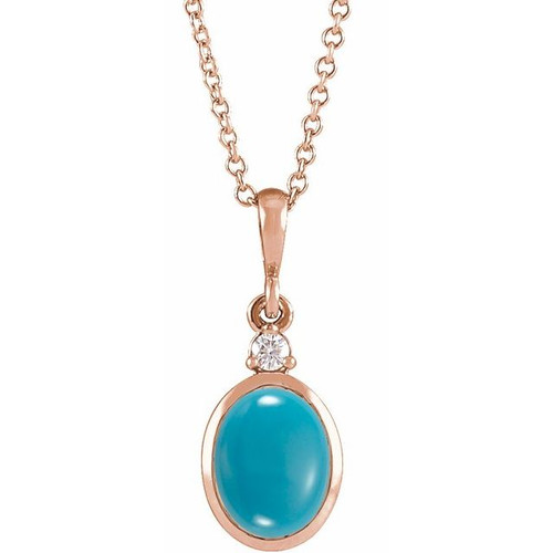 14K Rose 8x6 mm Natural Turquoise & .03 CT Natural Diamond 16-18" Necklace