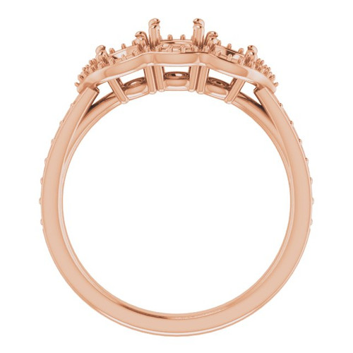 Three Stone Halo Style Ring Mounting in 10 Karat Rose Gold for Round Stone