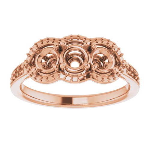 Three Stone Halo Style Ring Mounting in 14 Karat Rose Gold for Round Stone
