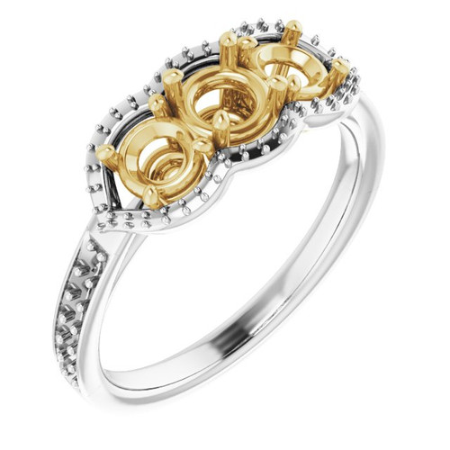 Three Stone Halo Style Ring Mounting in 18 Karat White/Yellow Gold for Round Stone