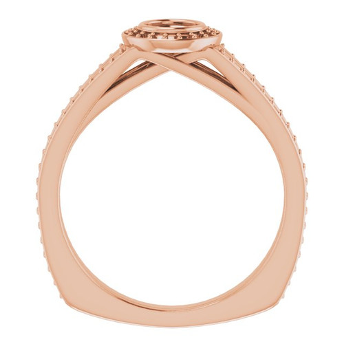 Bezel Set Halo Style Engagement Ring Mounting in 14 Karat Rose Gold for Round Stone.