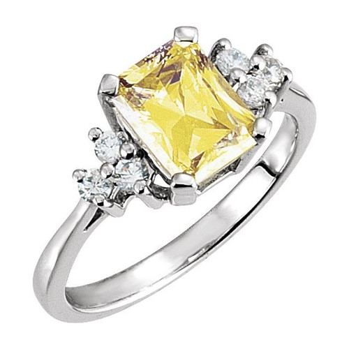 Accented Ring Mounting in 10 Karat White Gold for Emerald cut Stone, 2.19 grams