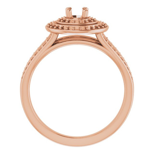 Double Halo Style Engagement Ring Mounting in 18 Karat Rose Gold for Round Stone, 7.42 grams