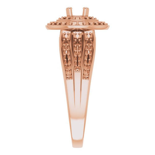 Double Halo Style Engagement Ring Mounting in 18 Karat Rose Gold for Round Stone, 7.42 grams