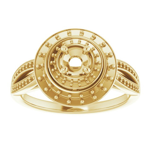 Double Halo Style Engagement Ring Mounting in 18 Karat Yellow Gold for Round Stone, 5.77 grams