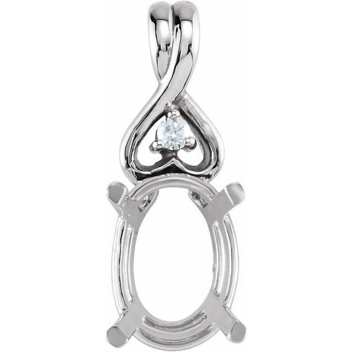 Oval 4 Prong Accented Pendant Mounting in 14 Karat White Gold for Oval Stone, 1.17 grams