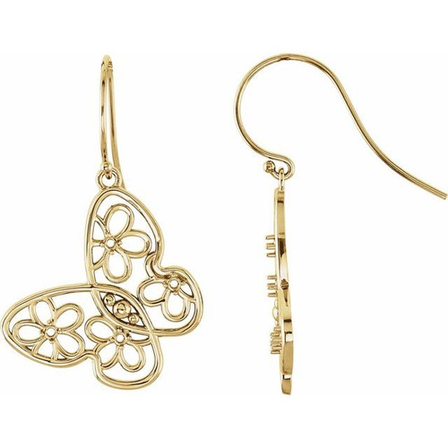 Floral Butterfly Earrings Mounting in 18 Karat Yellow Gold for Round Stone, 3.45 grams