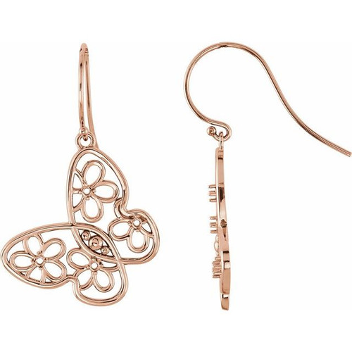Floral Butterfly Earrings Mounting in 10 Karat Rose Gold for Round Stone, 2.53 grams