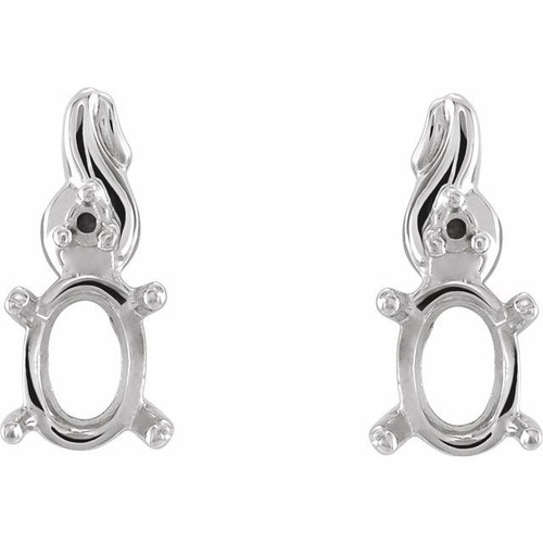 Accented Cabochon Earrings Mounting in 14 Karat White Gold for Oval Stone, 0.85 grams