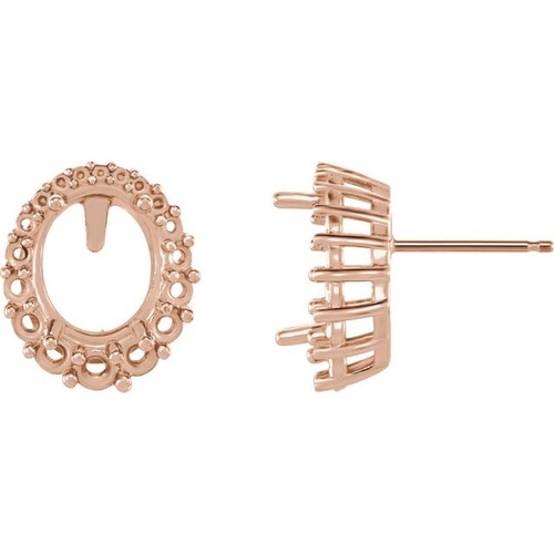 Halo Style Earrings Mounting in 14 Karat Rose Gold for Oval Stone, 1.33 grams