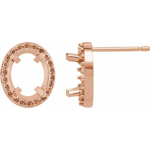 Oval 4 Prong Halo Style Earrings Mounting in 14 Karat Rose Gold for Oval Stone, 1.86 grams