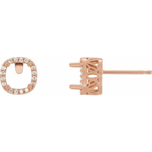 Cushion 4 Prong Halo Style Earrings Mounting in 14 Karat Rose Gold for Cushion Stone, 1.51 grams