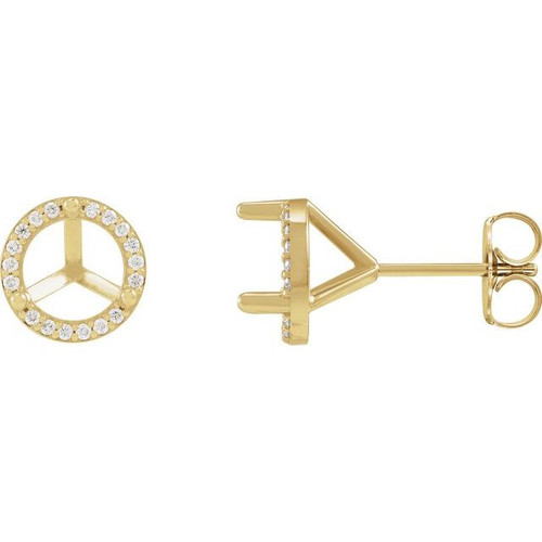 Round 3 Prong Halo Style Stud Earrings Mounting in 14 Karat Yellow Gold for Round Stone, 1.93 grams