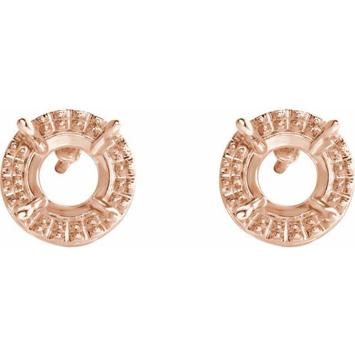 Round 4 Prong Halo Style Earrings Mounting in 14 Karat Rose Gold for Round Stone, 0.76 grams