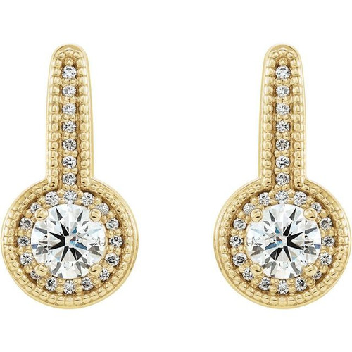Accented Milgrain Halo Style Earrings Mounting in 14 Karat Yellow Gold for Round Stone, 3.11 grams