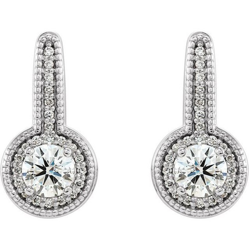 Accented Milgrain Halo Style Earrings Mounting in 14 Karat White Gold for Round Stone, 3.03 grams