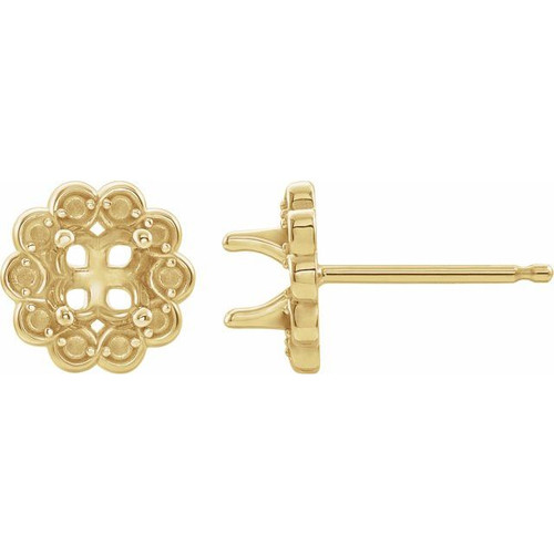 Round 4 Prong Halo Style Earrings Mounting in 14 Karat Yellow Gold for Round Stone, 0.65 grams