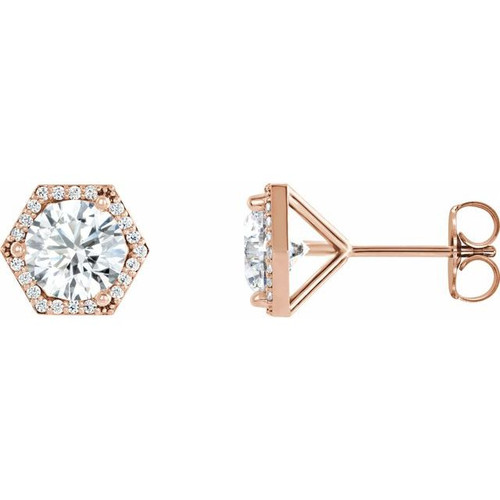 Round 3 Prong Halo Style Stud Earrings Mounting in 14 Karat Rose Gold for Round Stone, 0.97 grams