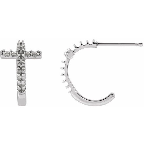 Accented Cross Hoop Earrings Mounting in 14 Karat White Gold for Round Stone, 0.74 grams
