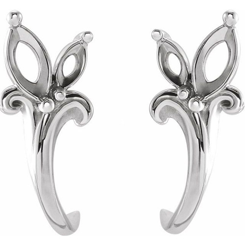Floral J Hoop Earrings Mounting in Platinum for Marquise Stone, 1.32 grams