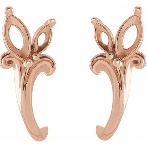 Floral J Hoop Earrings Mounting in 14 Karat Rose Gold for Marquise Stone, 0.86 grams