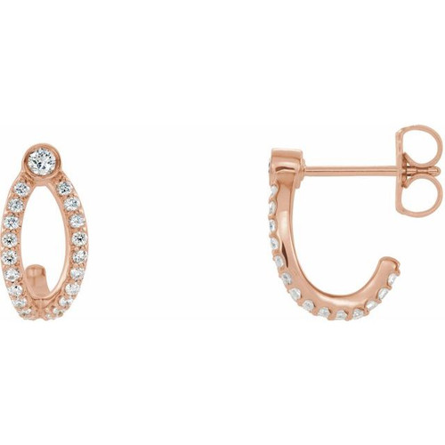 Accented J Hoop Earrings Mounting in 14 Karat Rose Gold for Round Stone, 2.16 grams