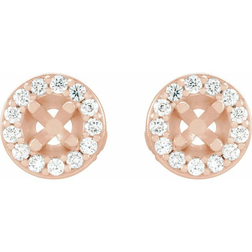 Round 4 Prong Halo Style Earrings Mounting in 14 Karat Rose Gold for Round Stone, 1.62 grams
