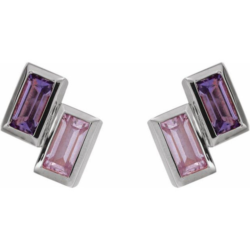 Family Stud Earrings Mounting in 14 Karat White Gold for Straight baguette Stone, 0.8 grams