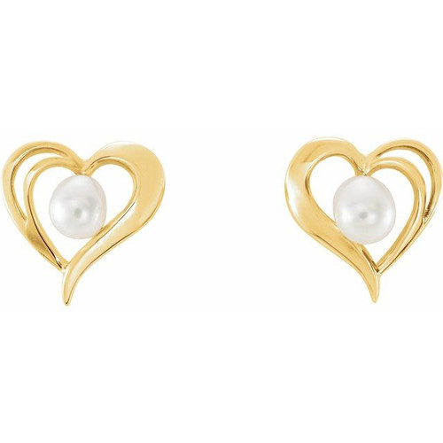 Pearl Heart Earrings Mounting in 10 Karat Yellow Gold for Pearl Stone, 0.45 grams